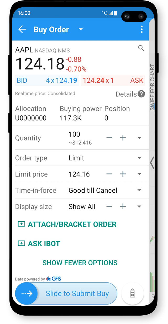 Aplikacja handlowa LYNX Trading z określonym zleceniem limitu na zakup akcji AAPL na urządzeniu mobilnym z systemem Android