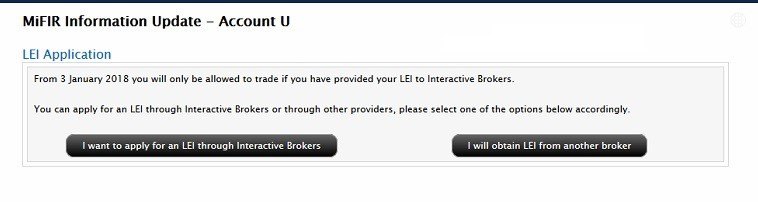Okno potwierdzenia wniosku LEI, w którym decydujesz, czy złożyć wniosek do IB, czy do innego brokera