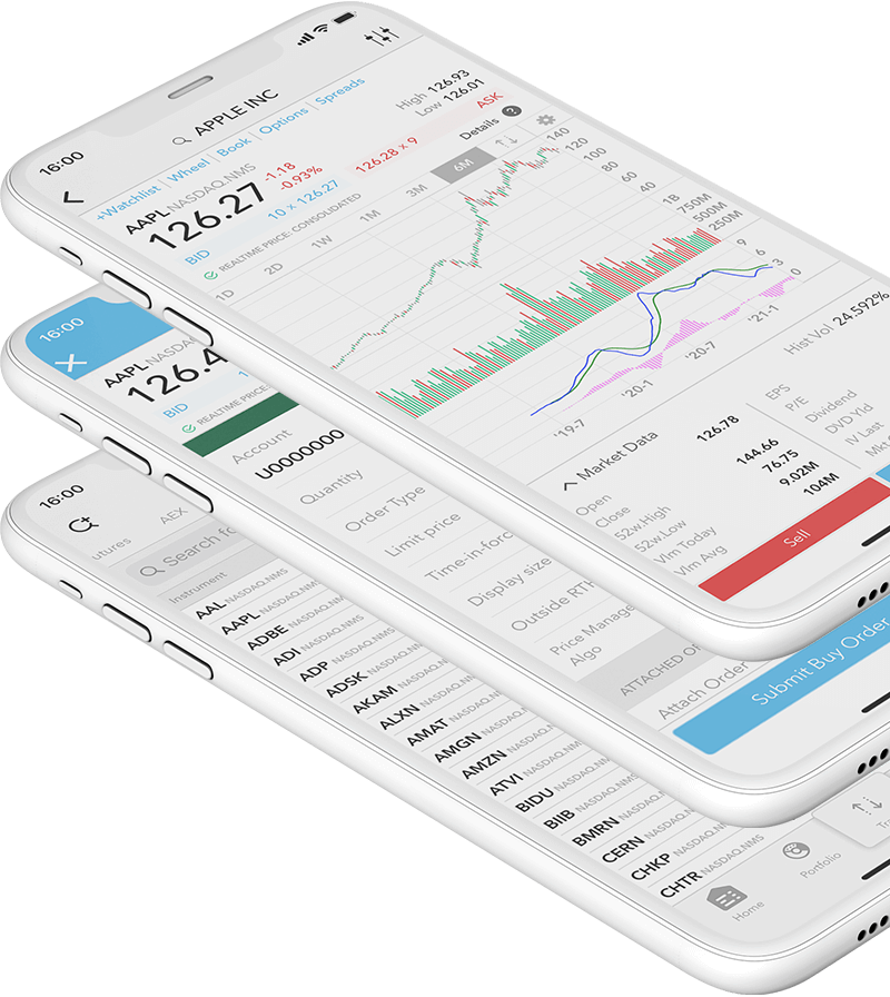 Urządzenie mobilne z aplikacją handlową LYNX Trading i wykresem cen akcji Apple