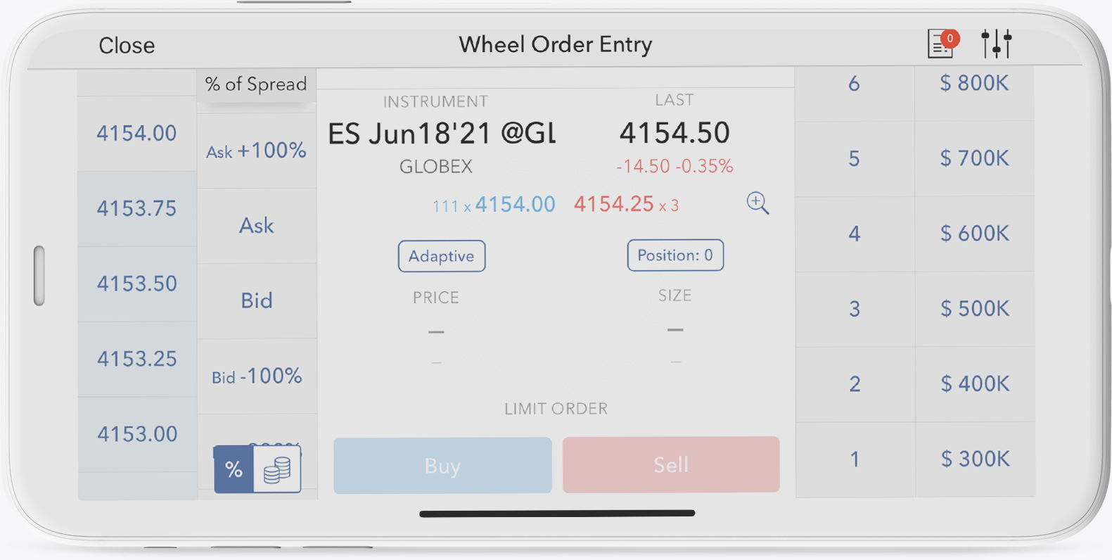Urządzenie mobilne z narzędziem handlowym Order Wheel do szybkiego wprowadzania zleceń handlowych